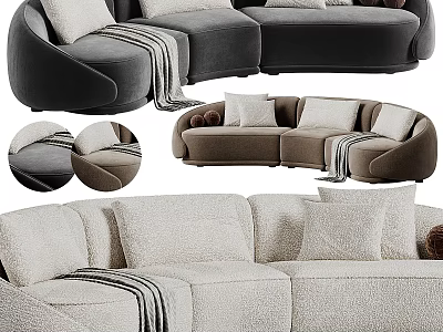 Modern Curved Sectional Sofa In Gray Beige With Plush Pillows And Striped Throw Blankets 3d model