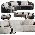 Modern Curved Sectional Sofa In Gray Beige With Plush Pillows And Striped Throw Blankets