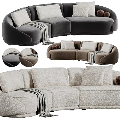 Modern Curved Sectional Sofa In Gray Beige With Plush Pillows And Striped Throw Blankets 3d model