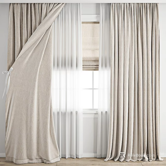 Beige Fabric Curtains With Sheer Layers And Natural Light Through Window 3d model 