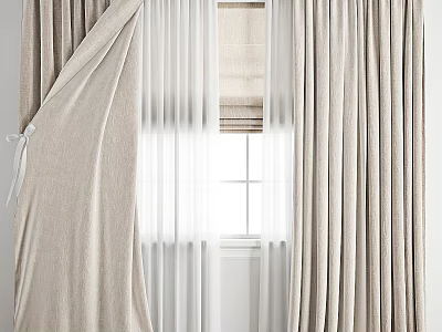 Beige Fabric Curtains With Sheer Layers And Natural Light Through Window 3d model