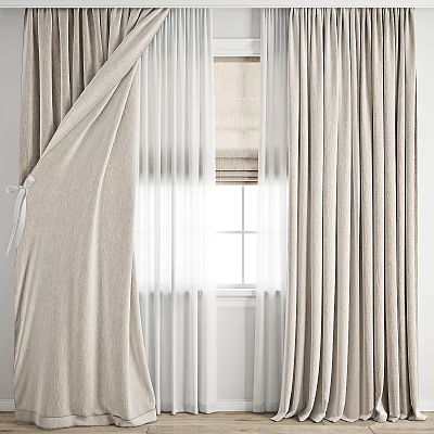 Beige Fabric Curtains With Sheer Layers And Natural Light Through Window 3d model