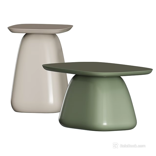 Modern Style Functional Tables in Light Beige and Green with Rounded Base Smooth Top 3d model