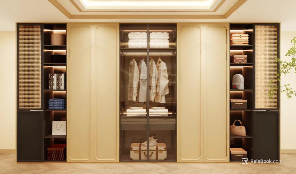 Modern Luxury Wardrobe Interior Design With Glass Door Hanging Shirts Stacked Clothes And Storage Shelves 3d model 