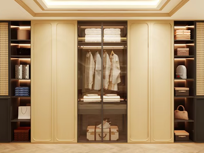 Modern Luxury Wardrobe Interior Design With Glass Door Hanging Shirts Stacked Clothes And Storage Shelves 3d model