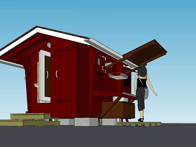 Red Wooden Cabin Exterior Design With White Door Steps And Woman Under Blue Sky 3d model