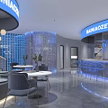Modern Store Front Desk Interior With Blue Signboard Hanging Lights Staircase And Tables