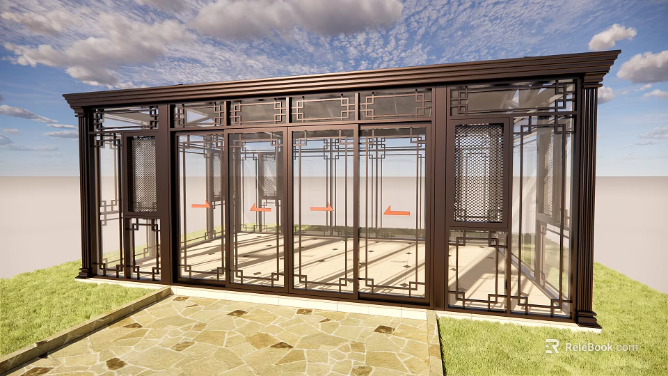 Modern Glass Pavilion Design With Traditional Chinese Metal Frame Stone Path And Grass 3d model 