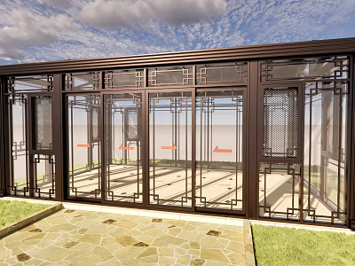 Modern Glass Pavilion Design With Traditional Chinese Metal Frame Stone Path And Grass 3d model