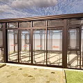 Modern Glass Pavilion Design With Traditional Chinese Metal Frame Stone Path And Grass