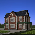Two Story Detached Villa With Red Brick Exterior White Frames Black Roof And Green Porch