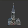 Historic Church Building With Tall Spire Stone Tower And Stained Glass Windows