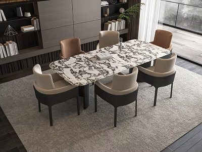 Modern Dining Table Set With Marble Tabletop And Six Upholstered Chairs On Rug 3d model