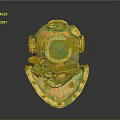 Vintage Diving Helmet With Brass Green Patina Round Glass Window And Top Grille