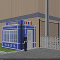 Building Exterior Wall with Yellow Tiles Blue Security Booth Guard Near White Fence Green Lawn