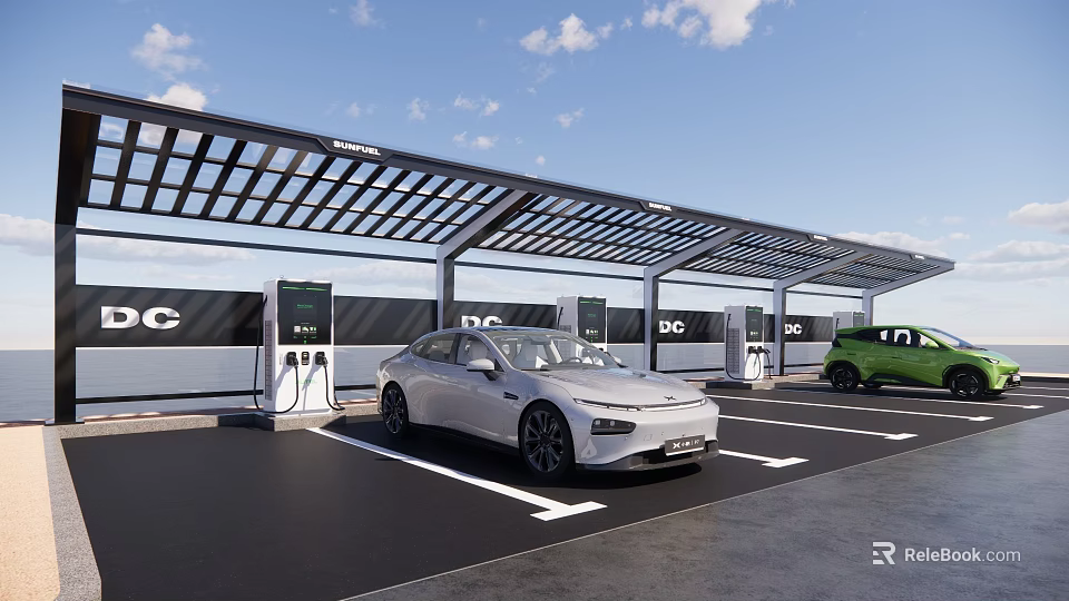 Modern Charging Station With Multiple Charging Piles Canopy And Parked Cars Under Blue Sky 3d model 