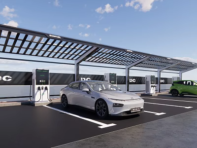 Modern Charging Station With Multiple Charging Piles Canopy And Parked Cars Under Blue Sky 3d model