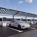 Modern Charging Station With Multiple Charging Piles Canopy And Parked Cars Under Blue Sky