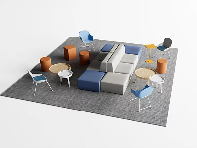 Modern Modular Sofa and Coffee Table Set with Multicolored Chairs and Stools on Gray Rug 3d model