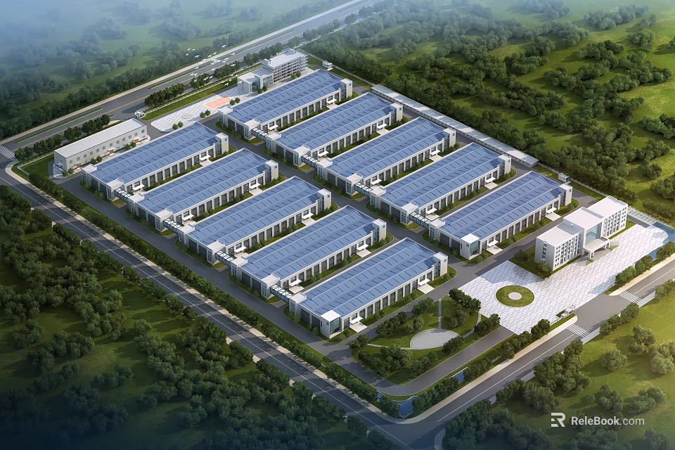 Large Industrial Factory With Neatly Arranged Solar Panel Roofs Green Surroundings And Supporting Facilities 3d model 