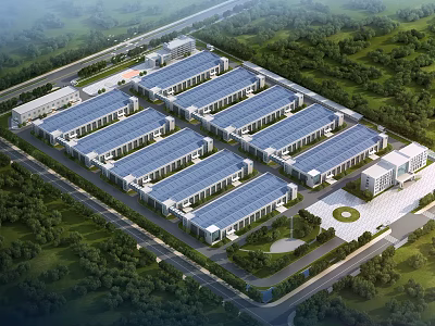 Large Industrial Factory With Neatly Arranged Solar Panel Roofs Green Surroundings And Supporting Facilities 3d model