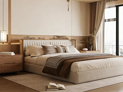 Elegant Modern Bedroom Interior Design With Soft Bed Pillows Blanket And Nightstands 3d model