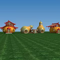 Charming Garden Ornaments Featuring Gourd Shaped Houses With Red Roofs On Green Grass