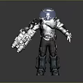 Futuristic Biomechanical Character In Heavy Mechanical Armor With Transparent Helmet And Arm Device