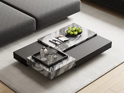Modern Marble Top Coffee Table With Layered Design Tray Glasses And Green Limes 3d model