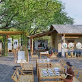 Courtyard Garden Featuring Bamboo Furniture Swing Chair Cottage Trees And Decorative Plates