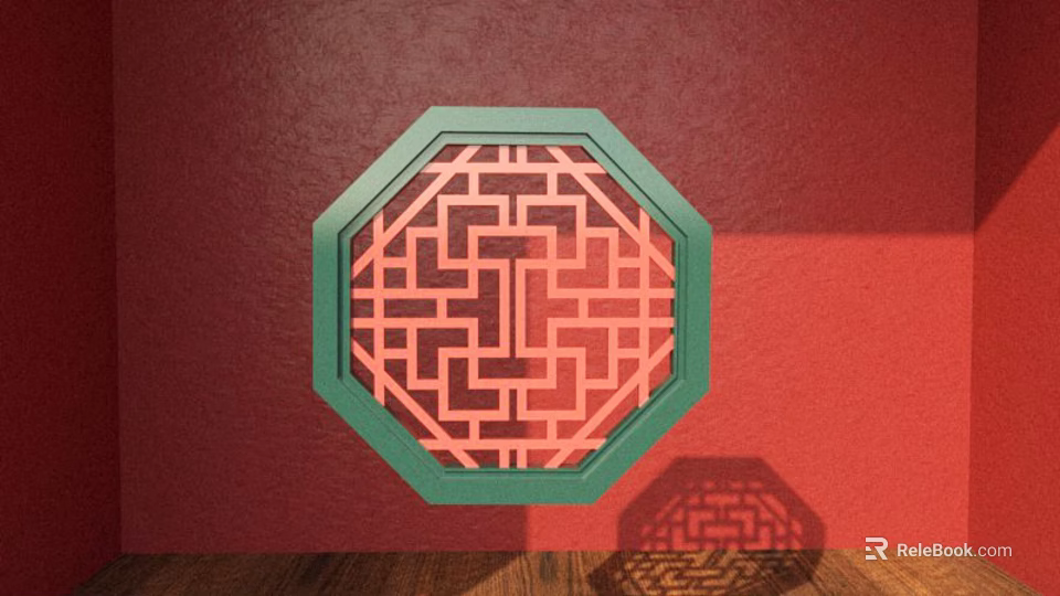 Traditional Carved Lattice Window Featuring Octagonal Green Frame On Red Wall Background With Wooden Floor 3d model 
