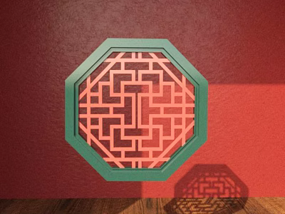 Traditional Carved Lattice Window Featuring Octagonal Green Frame On Red Wall Background With Wooden Floor 3d model