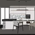 Modern Restaurant Interior Design With Dining Table Chairs And Marble Countertop 3d model