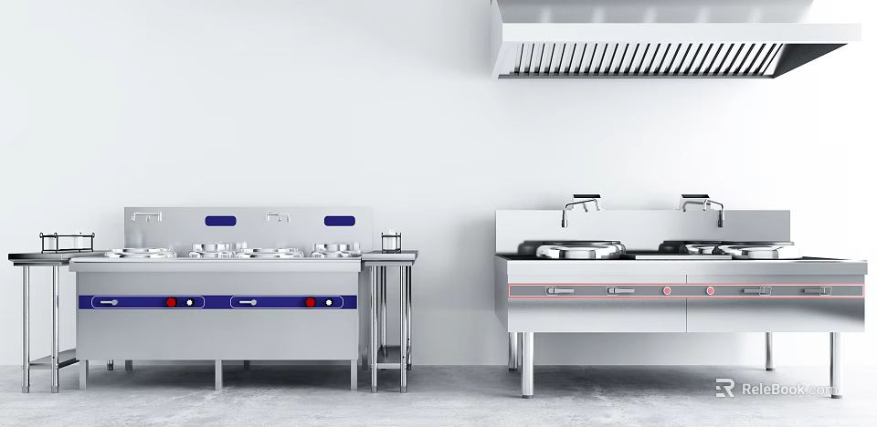 Professional Commercial Kitchen Appliances With Stainless Steel Stovetops And Range Hood 3d model 