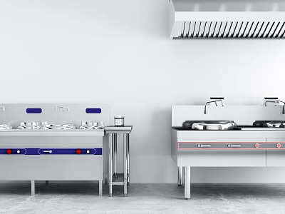 Professional Commercial Kitchen Appliances With Stainless Steel Stovetops And Range Hood 3d model