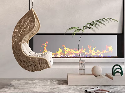 Woven Hanging Chair In Living Room With Fireplace Flames And Decorative Plant 3d model