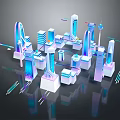 Futuristic Modern City Buildings 3D Model Featuring Blue Purple Lighting Effects