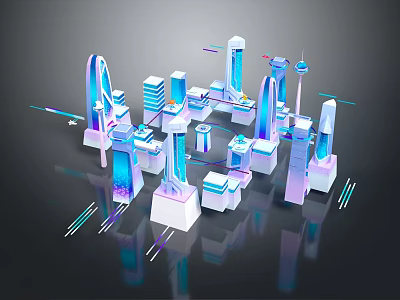 Futuristic Modern City Buildings 3D Model Featuring Blue Purple Lighting Effects 3d model