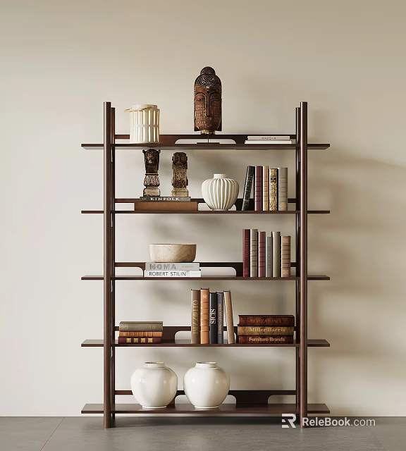 Wooden Modern Bookshelf Design With Books Decorative Statues And Ceramic Vases 3d model 