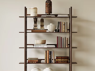 Wooden Modern Bookshelf Design With Books Decorative Statues And Ceramic Vases 3d model