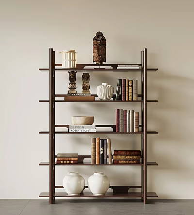 Wooden Modern Bookshelf Design With Books Decorative Statues And Ceramic Vases 3d model