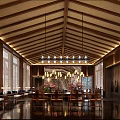Elegant Hotel Lobby Interior With Wooden Ceiling Chandeliers And Cherry Blossom Centerpiece