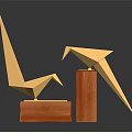 Decorative Ornament Set with Golden Origami Birds on Square and Cylindrical Wooden Bases