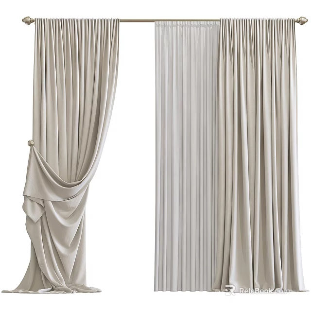 Elegant Beige Curtains With Pleated Drapery Design For Home Interior Decor 3d model 