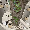 Modern Open Lounge Area Interior Design With Bar Stools Counter Dining Tables And Green Plants