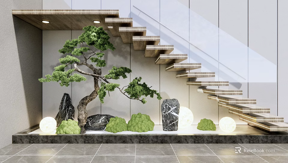Garden Ornament Display With Pine Tree Rocks Green Plants And Staircase Lighting 3d model
