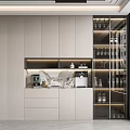 Elegant Modern Wine Cabinet With Glass Doors Holding Wine Bottles And Glassware In Kitchen Interior