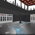 Modern Indoor Courtyard Space With Blue Water Flow Black Floor Round Stones And Wooden Structure