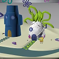 Cartoon Style Pineapple House And Blue Tower With Green Curly Plants Pathway And SpongeBob Character