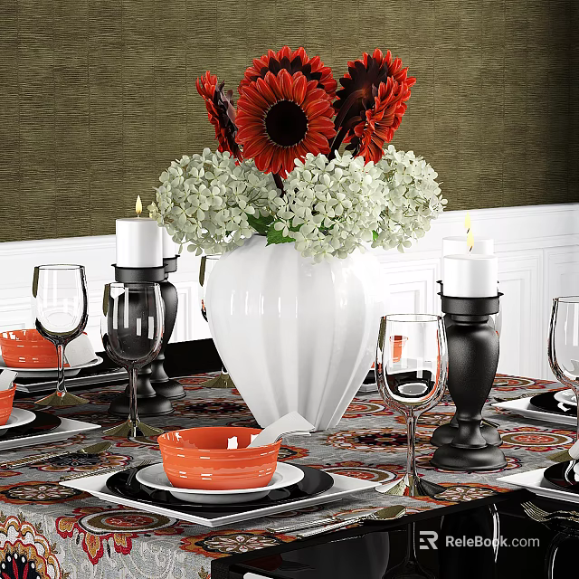 Elegant Tableware Set With Floral Vase Candles Wine Glasses And Orange Bowls On Dining Table 3d model 